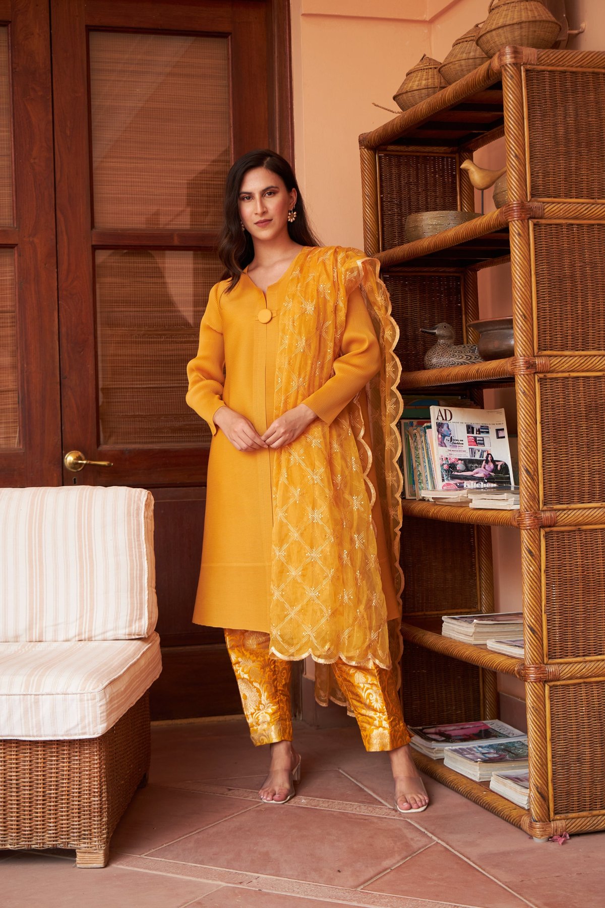 Yellow Pleated A-Line Tunic and Brocade Pants Set with Dupatta