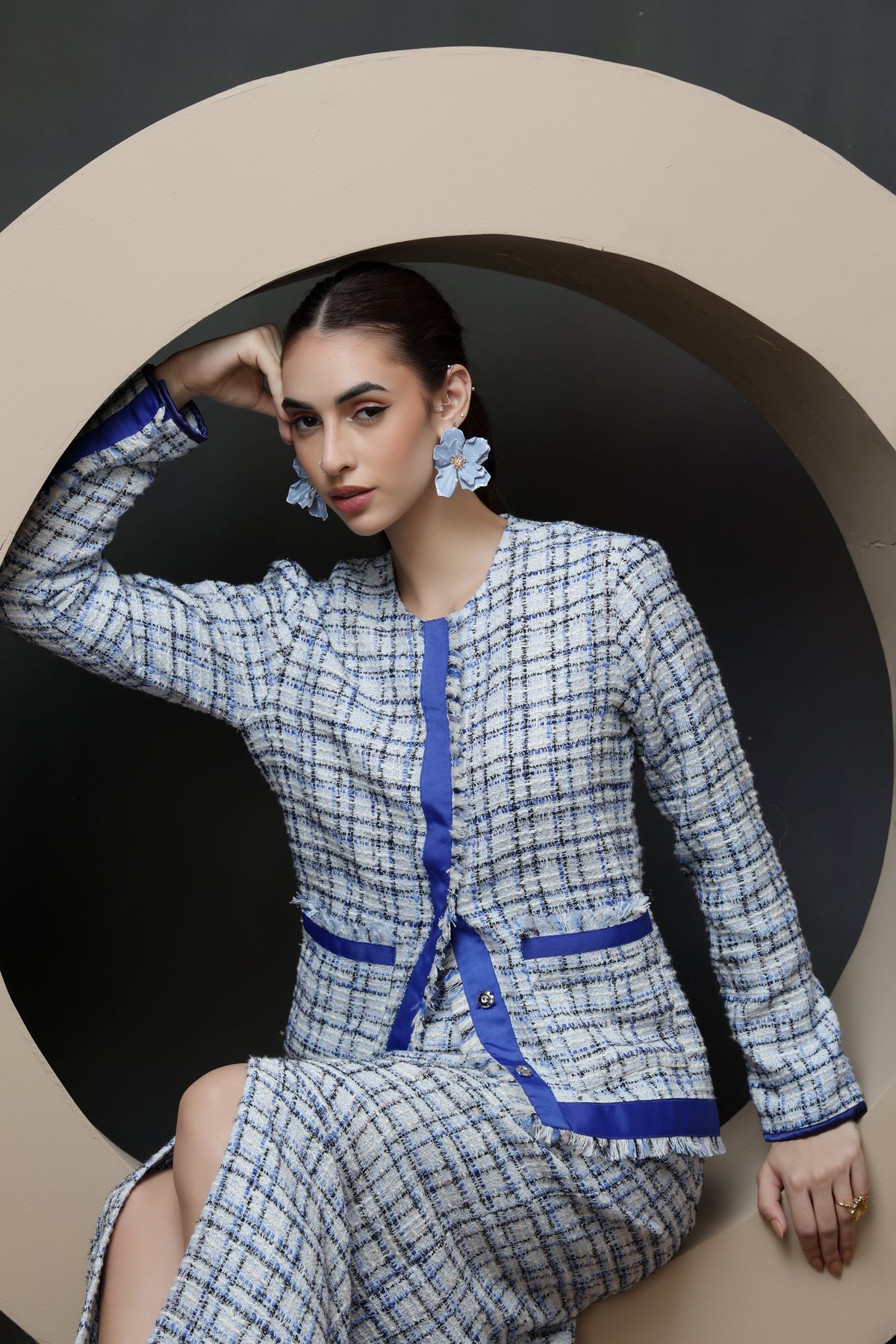 Blue Mix Bouclé Checked Cropped Jacket with Fringe Trim