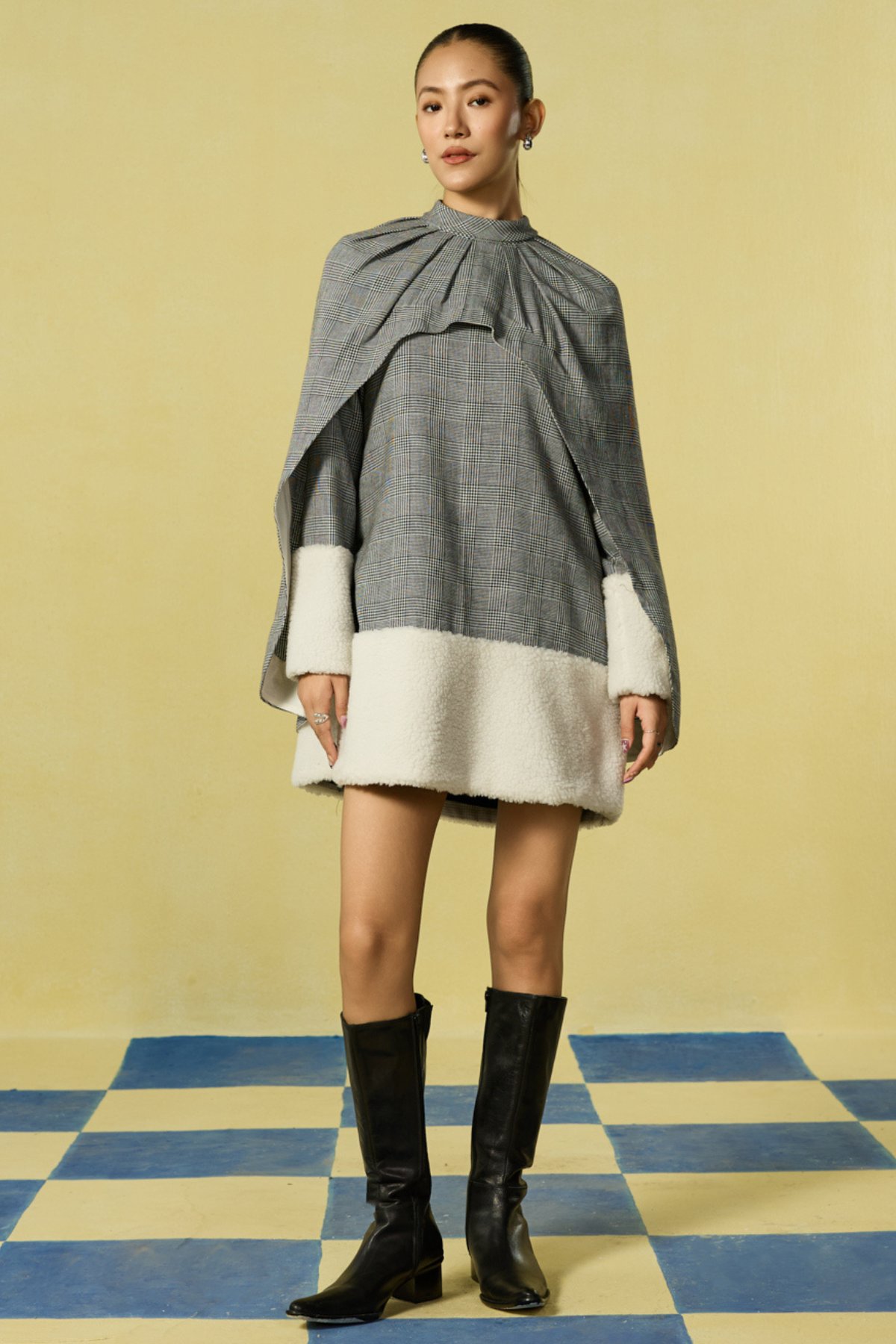 Grey Checked Cape Overlay Mini Dress with Fleece Trim