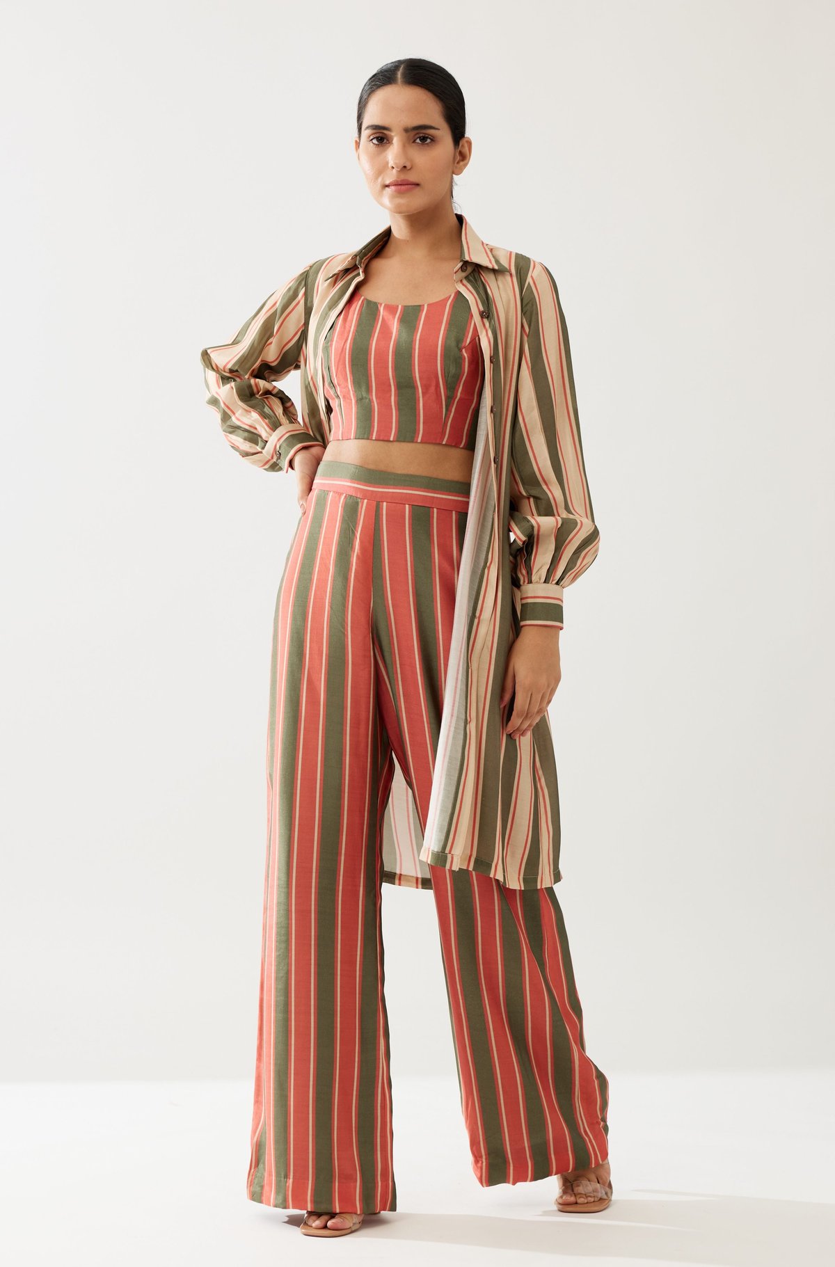 Green, Cream And Red Stripe Long Shirt
