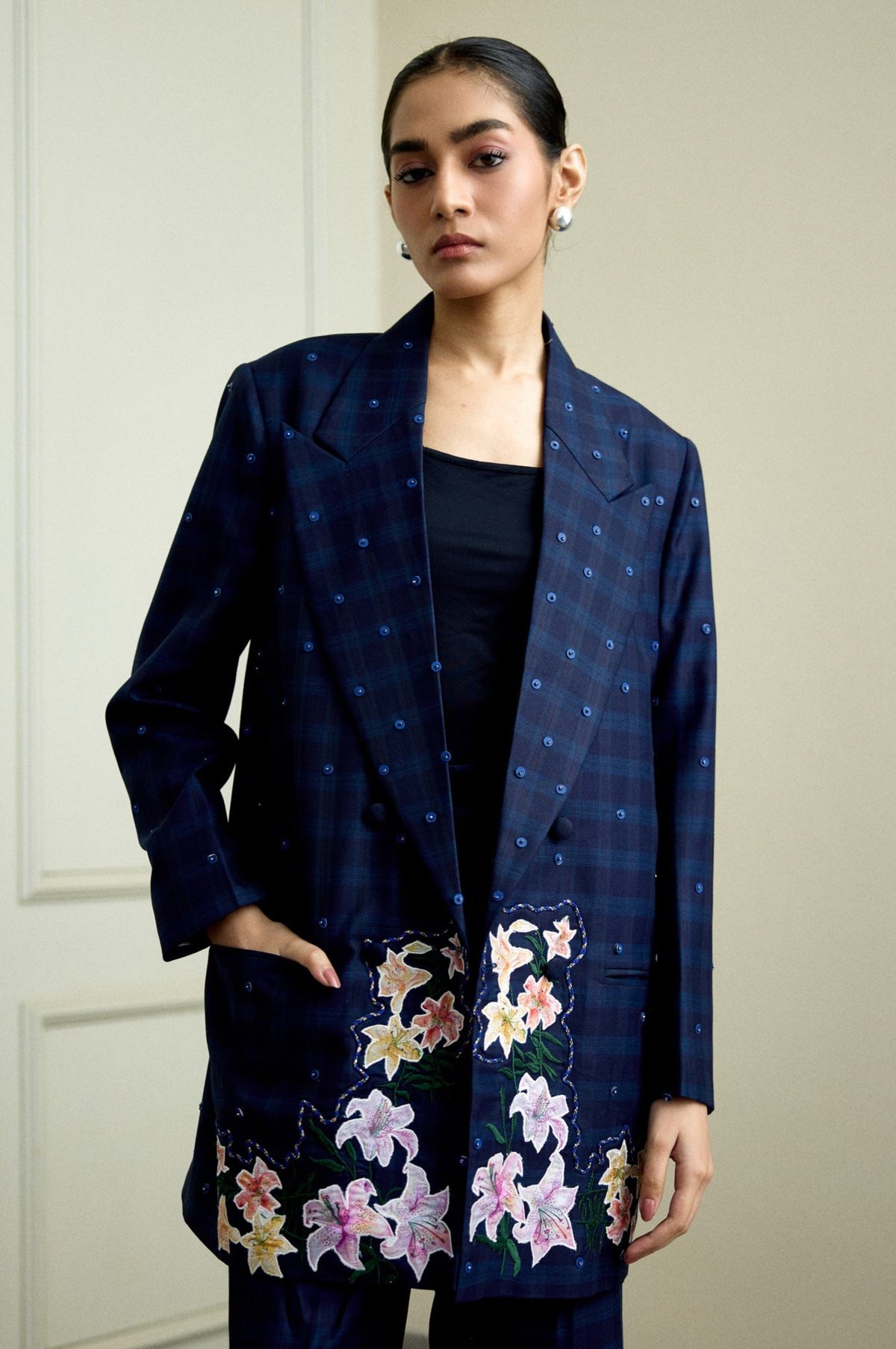Blue Longline Checked Blazer with Floral Applique Embroidery