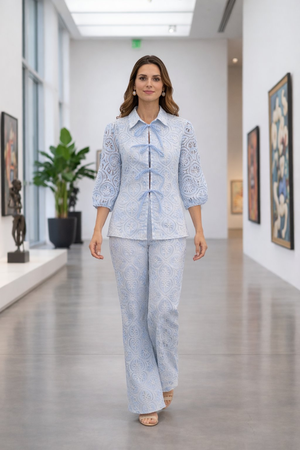 Blue Eyelet Cutwork Shirt and Wide-Leg Pants Co-ord Set