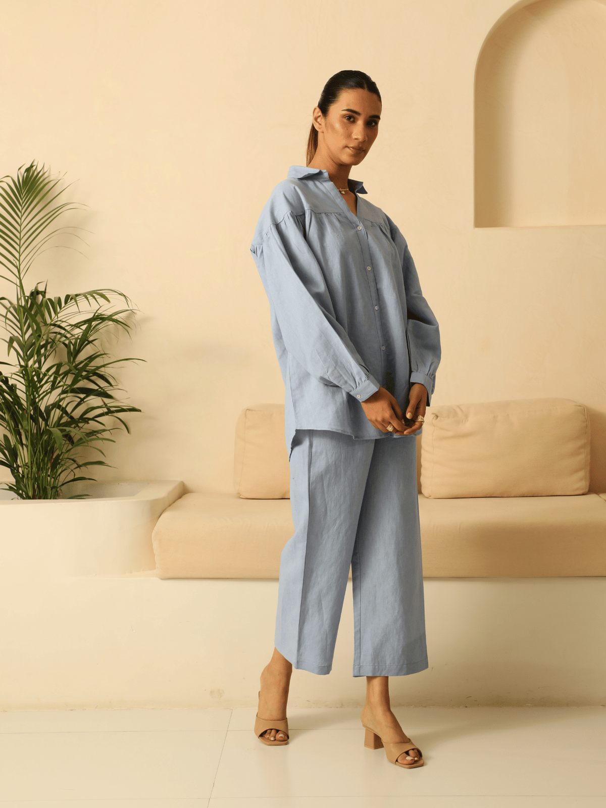 Powder Blue Linen-Blend Oversized Shirt and Pants Co-ord