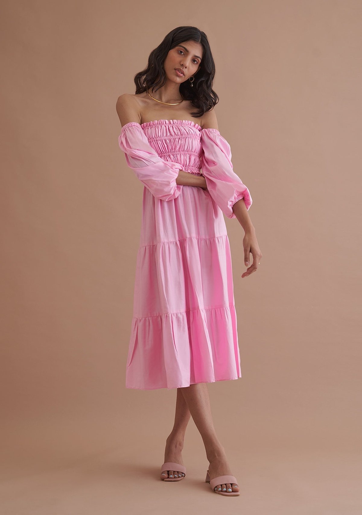 Pink Ombre Smocked Tiered Midi Dress
