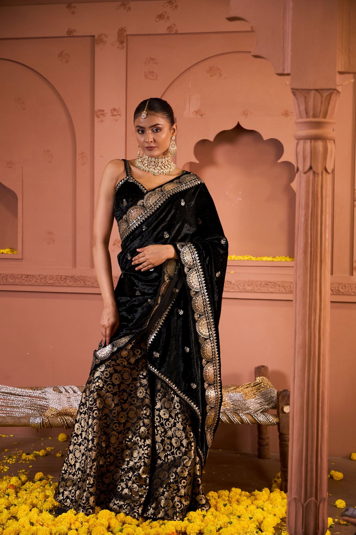 Black Velvet Blouse and Brocade Pants with Palla Set
