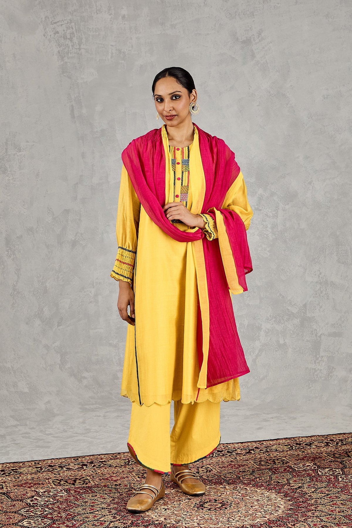 Yellow Bead-Embroidered Kurta Co-ord Set with Wide-Leg Pants