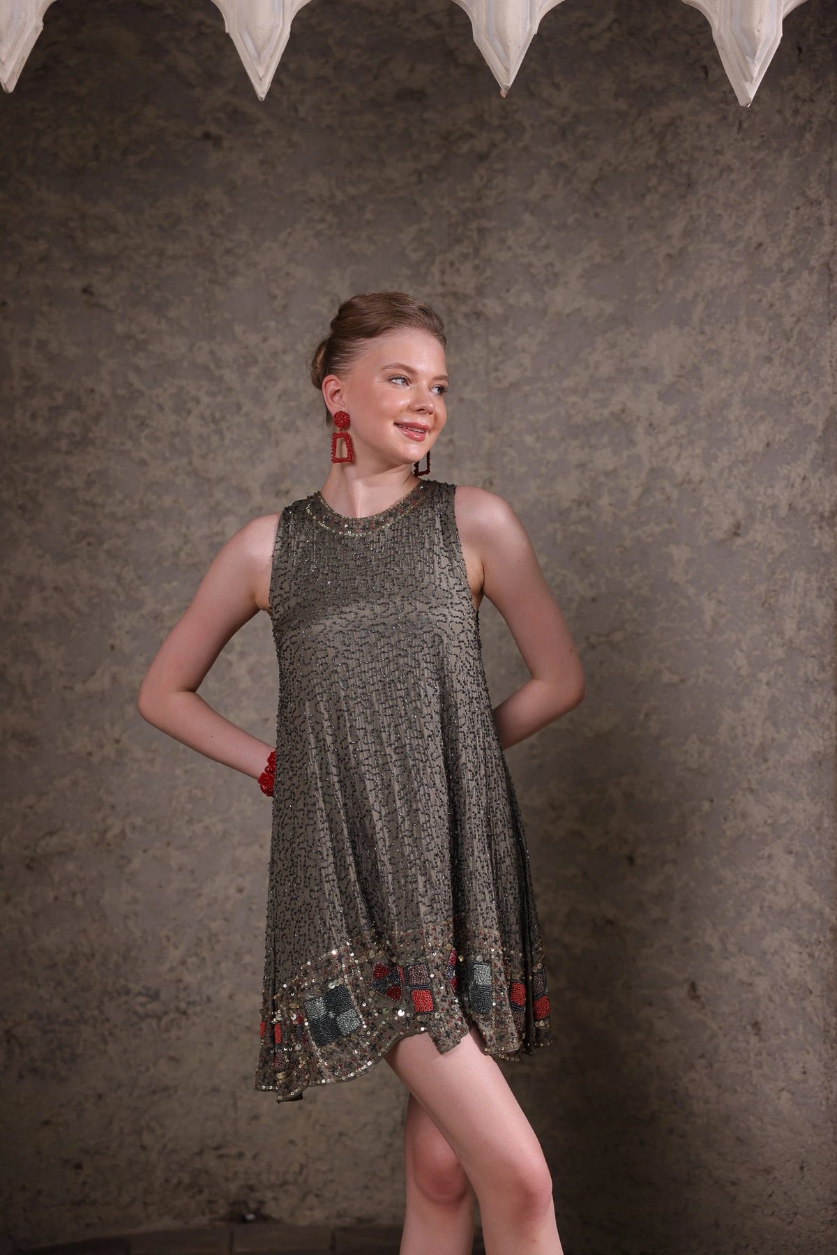 Olive Sequin Embellished Shift Dress