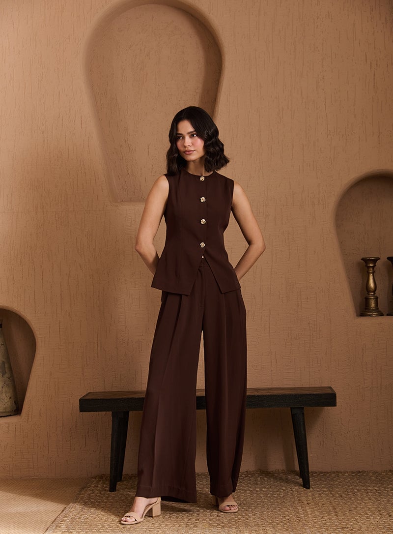 Espresso Vest and Wide-Leg Pants Co-ord Set