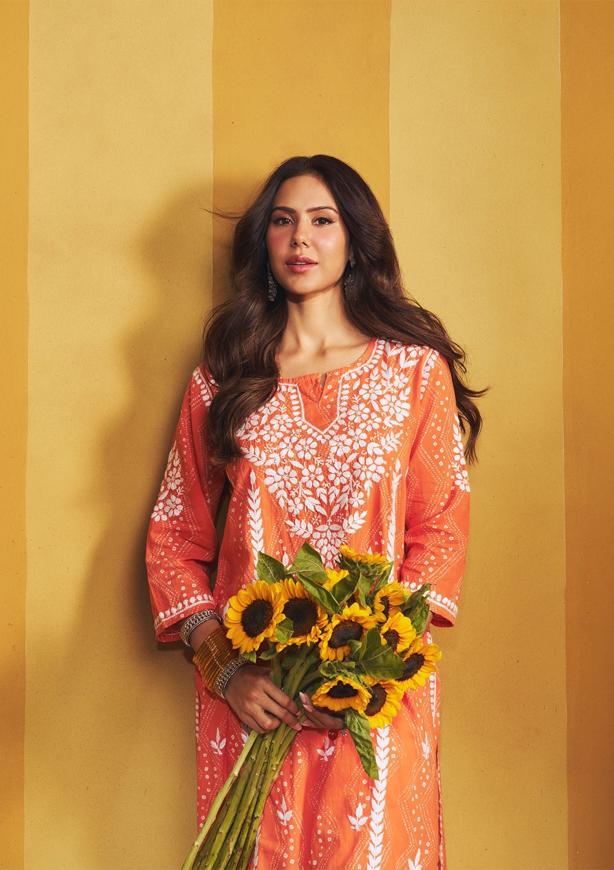 Chikankari Printed Women'S Long Kurta - Orange