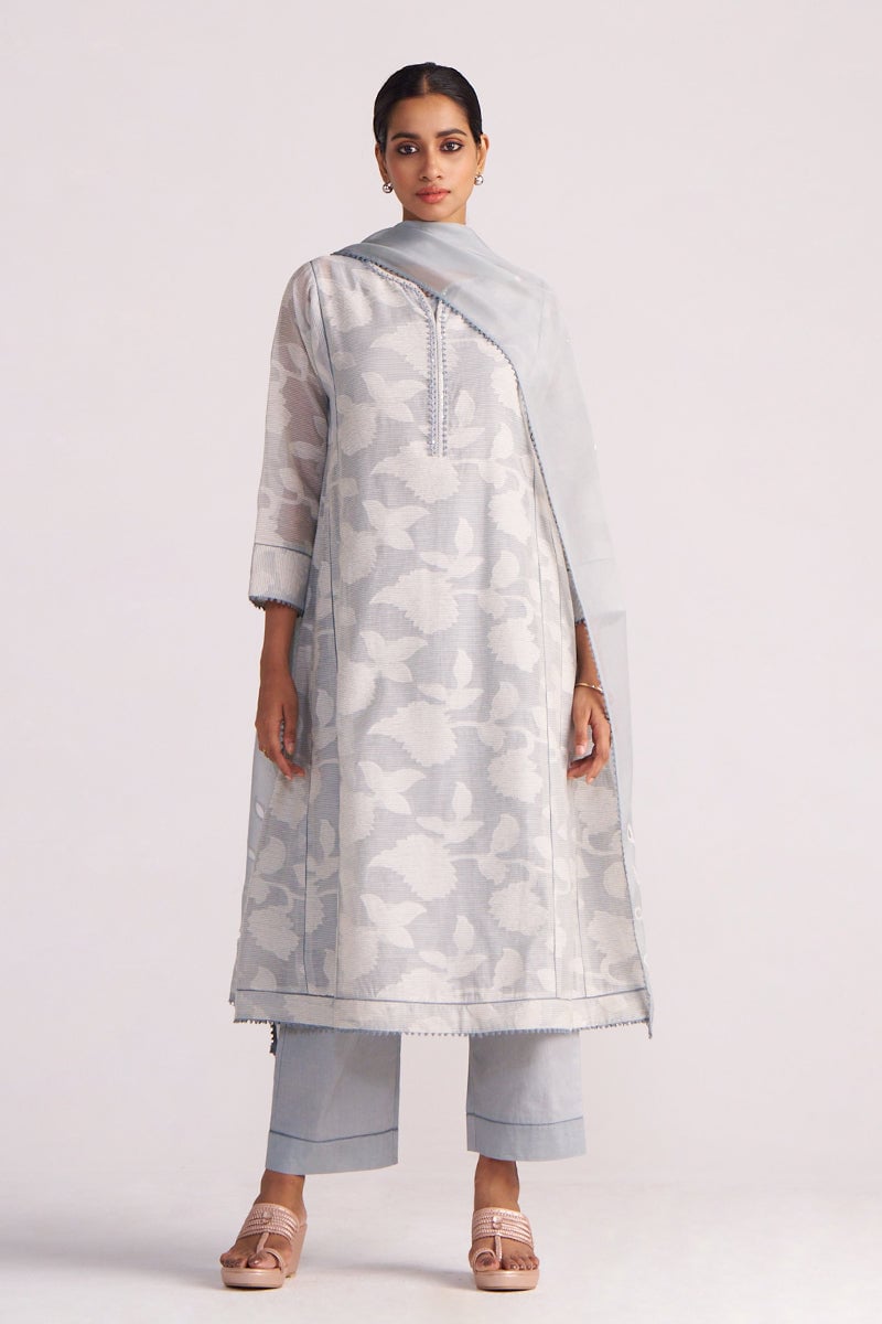 Grey Woven Jacquard A-Line Kurta Set with Dupatta