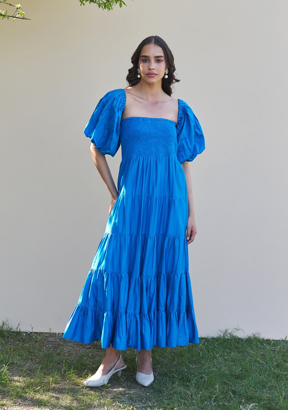 Blue Tiered Smocked Midi Dress with Detachable Puff Sleeves