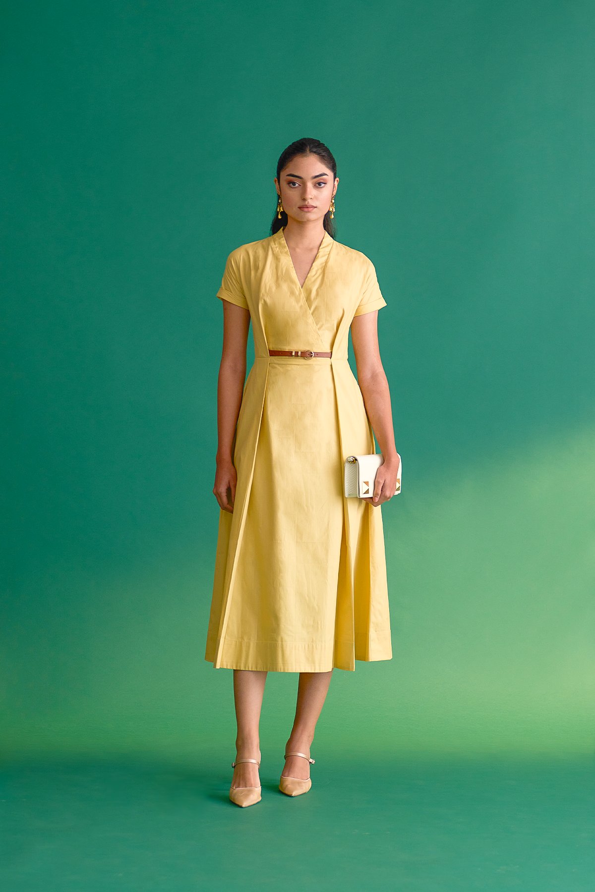 Butter Yellow Cotton Poplin Belted Fit and Flare Midi Dress