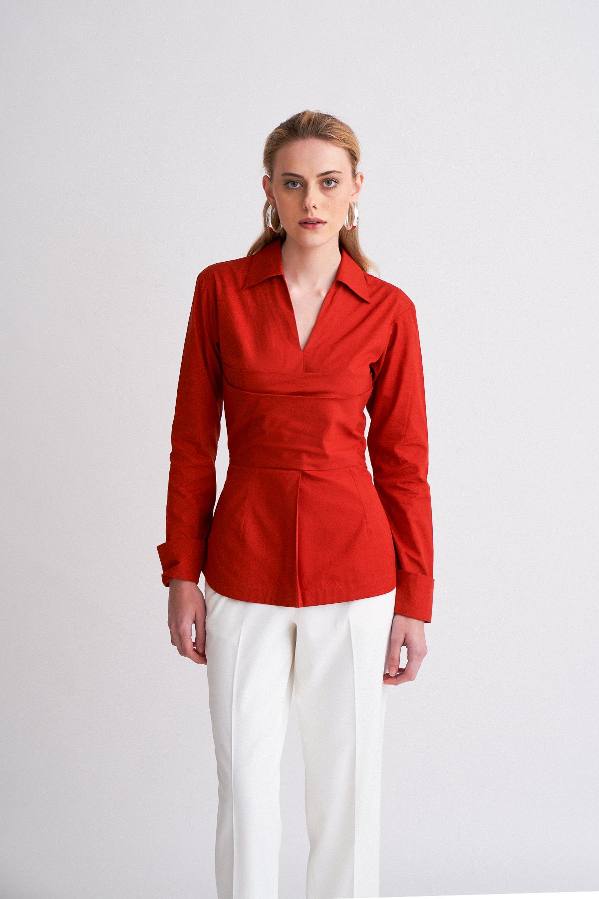 Red Cotton Poplin Shirt with Bustier-Style Panel