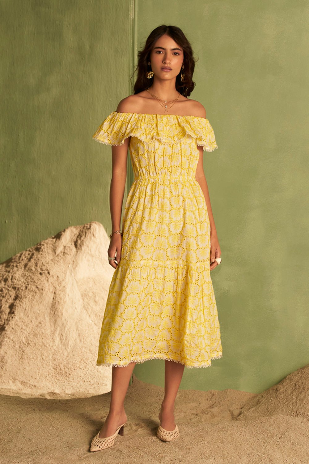 Yellow Off-Shoulder Cotton Broderie Midi Dress