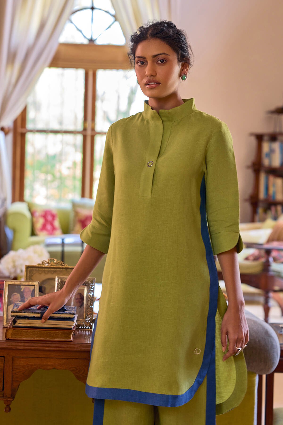 Henna Green Linen Straight Kurta with Blue Colorblock Border