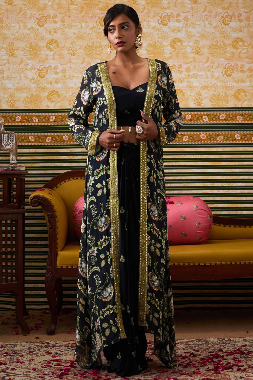 Mehr Printed Black Drape Skirt Set With Jacket