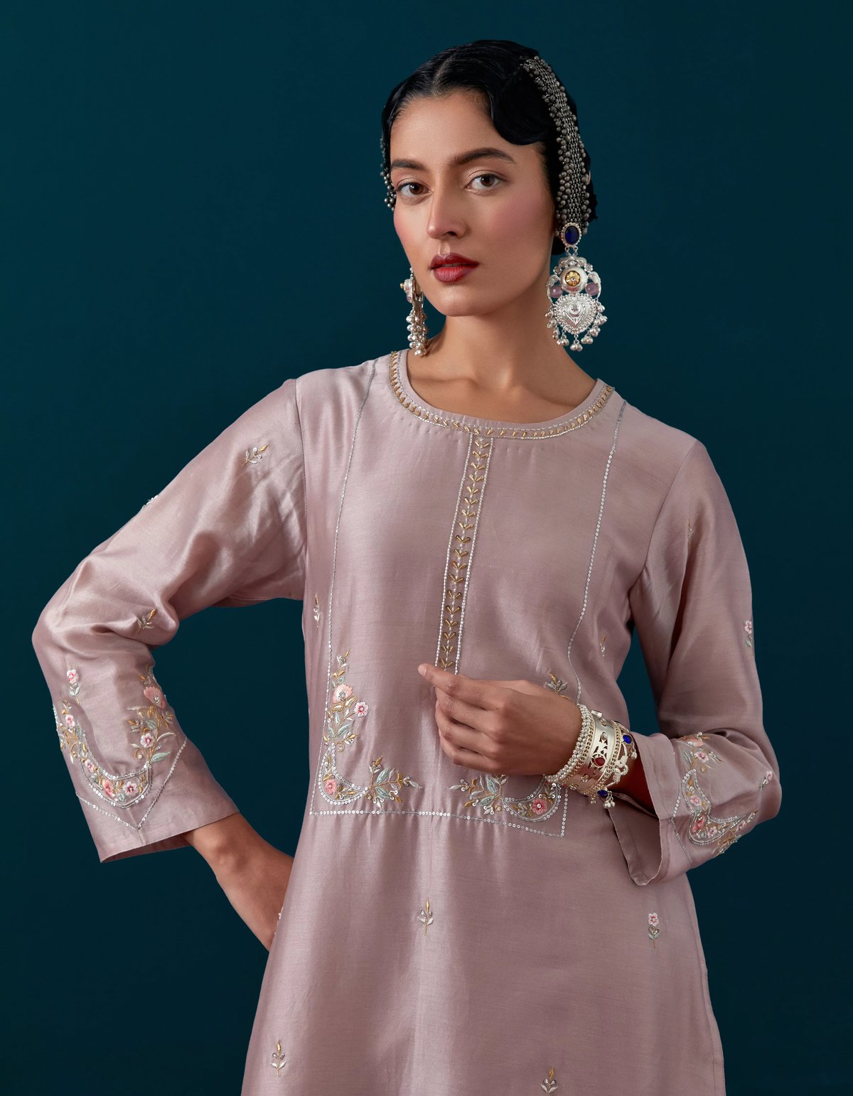 Onion Pink Silk Chanderi Embroidered Straight Kurta