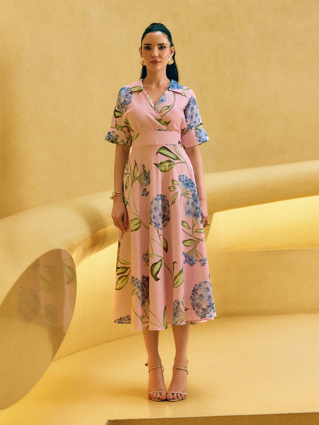 Peach Floral Fit and Flare Midi Dress