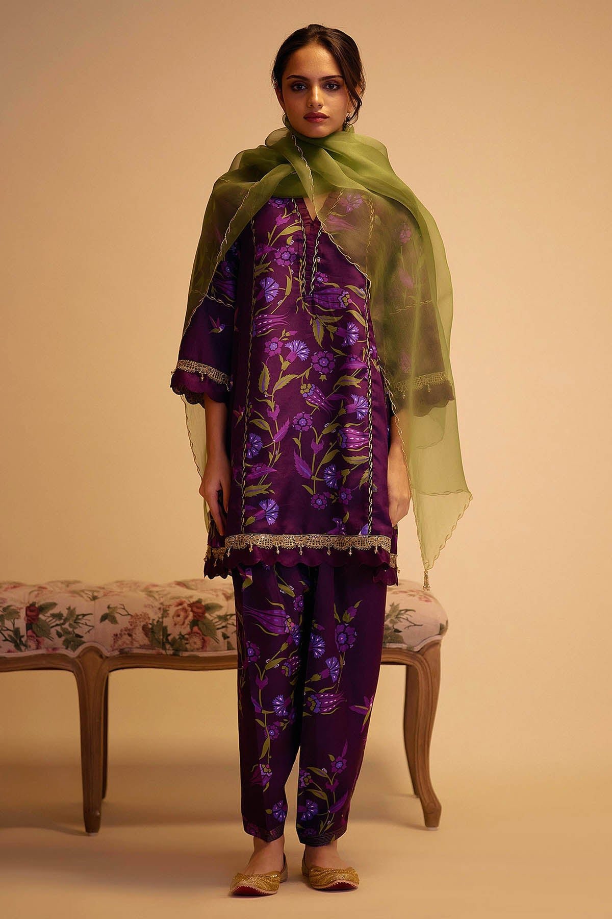 Farida - Purple Print Silk Kurta Set