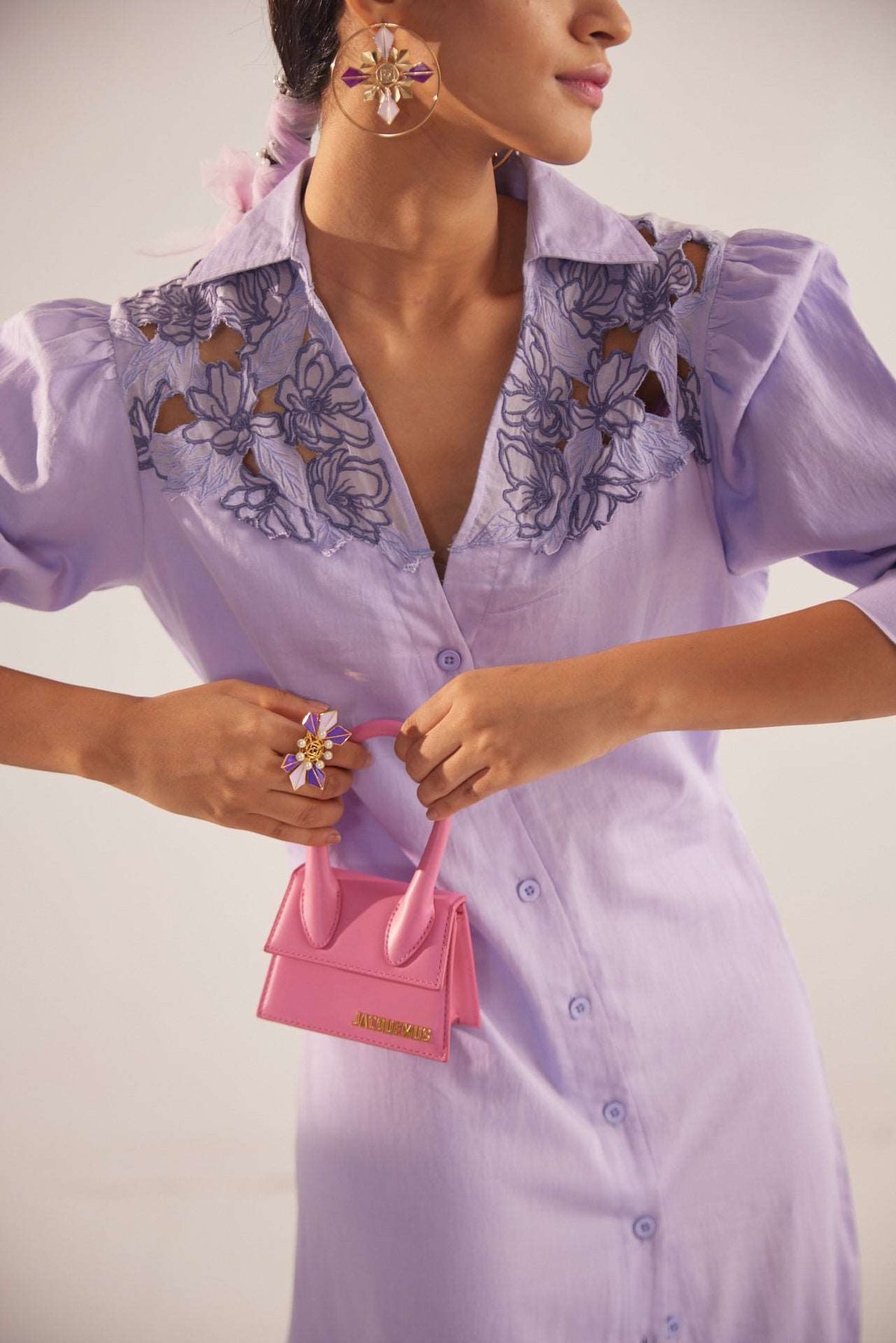Lavender Cotton Satin Maxi Shirt Dress with Cutwork Yoke