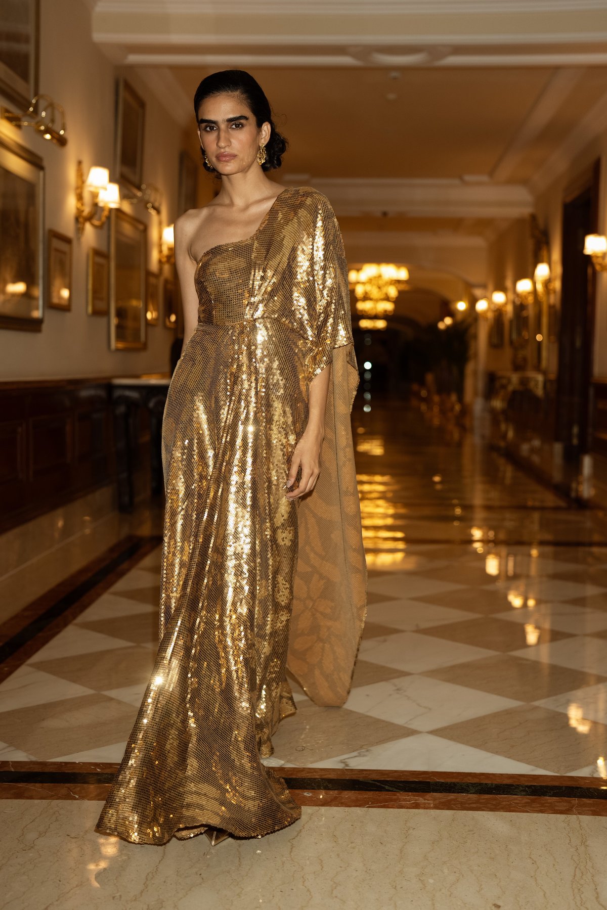 Sequin Embroidered Sari Drape Gown