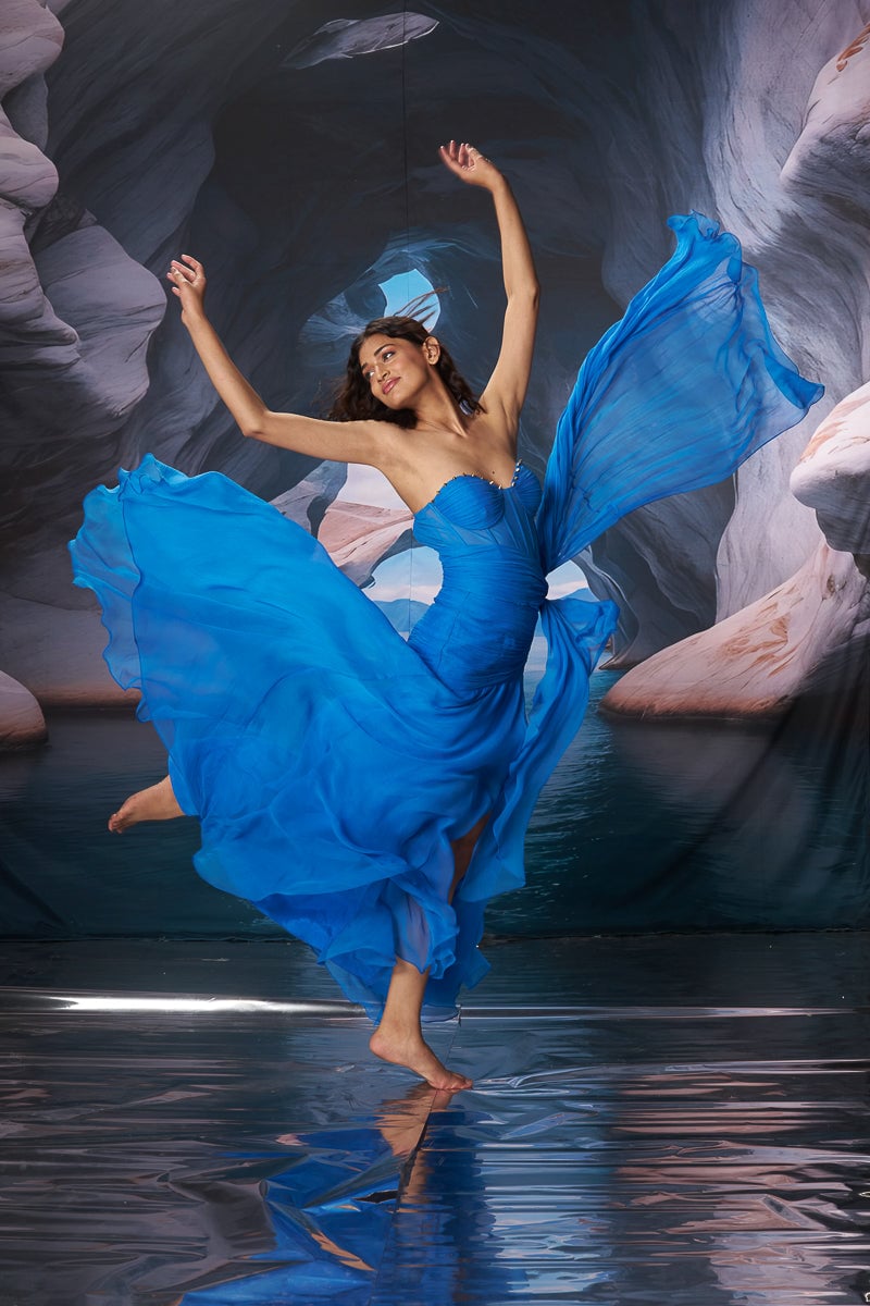 Future Blue Strapless Corset Maxi Gown