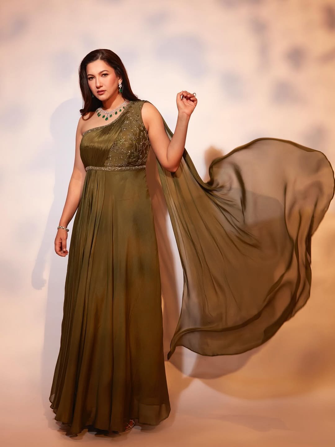 Olive Green One-Shoulder Embroidered Maxi Gown