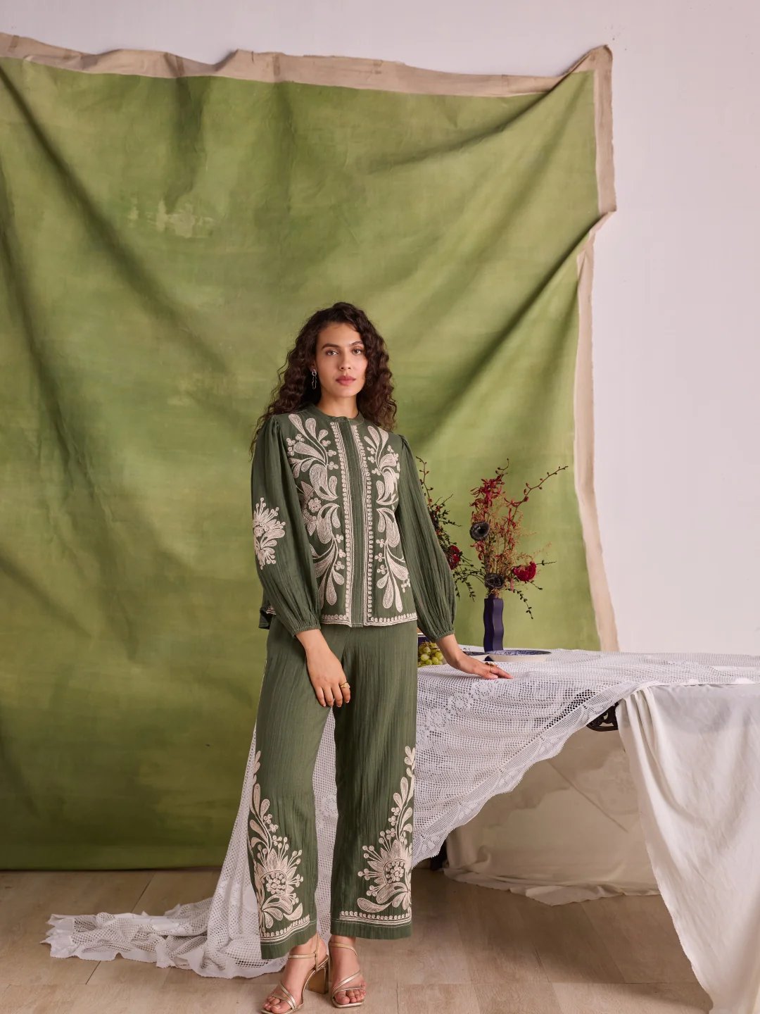 Green Embroidered Wide-Leg Cotton Trousers