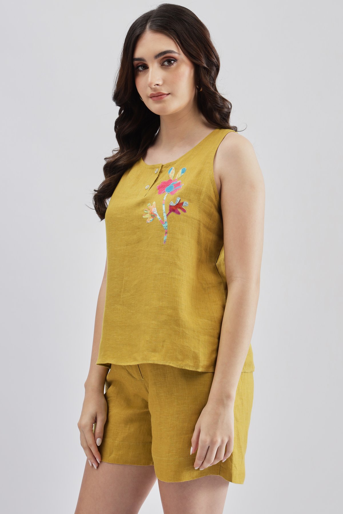Lime Linen Sleeveless Top with Floral Embroidery