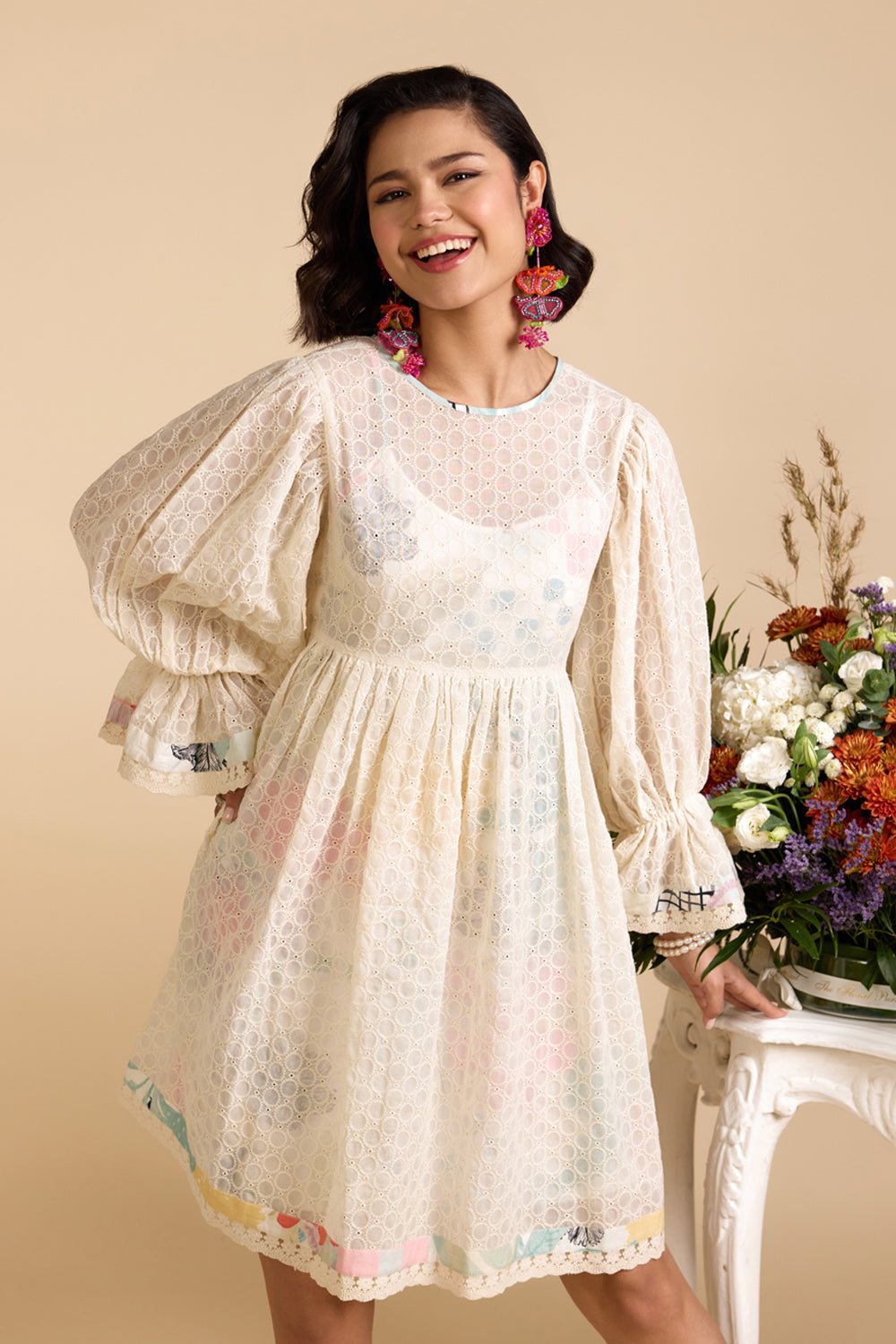 White Eyelet Lace Overlay Mini Dress with Balloon Sleeves