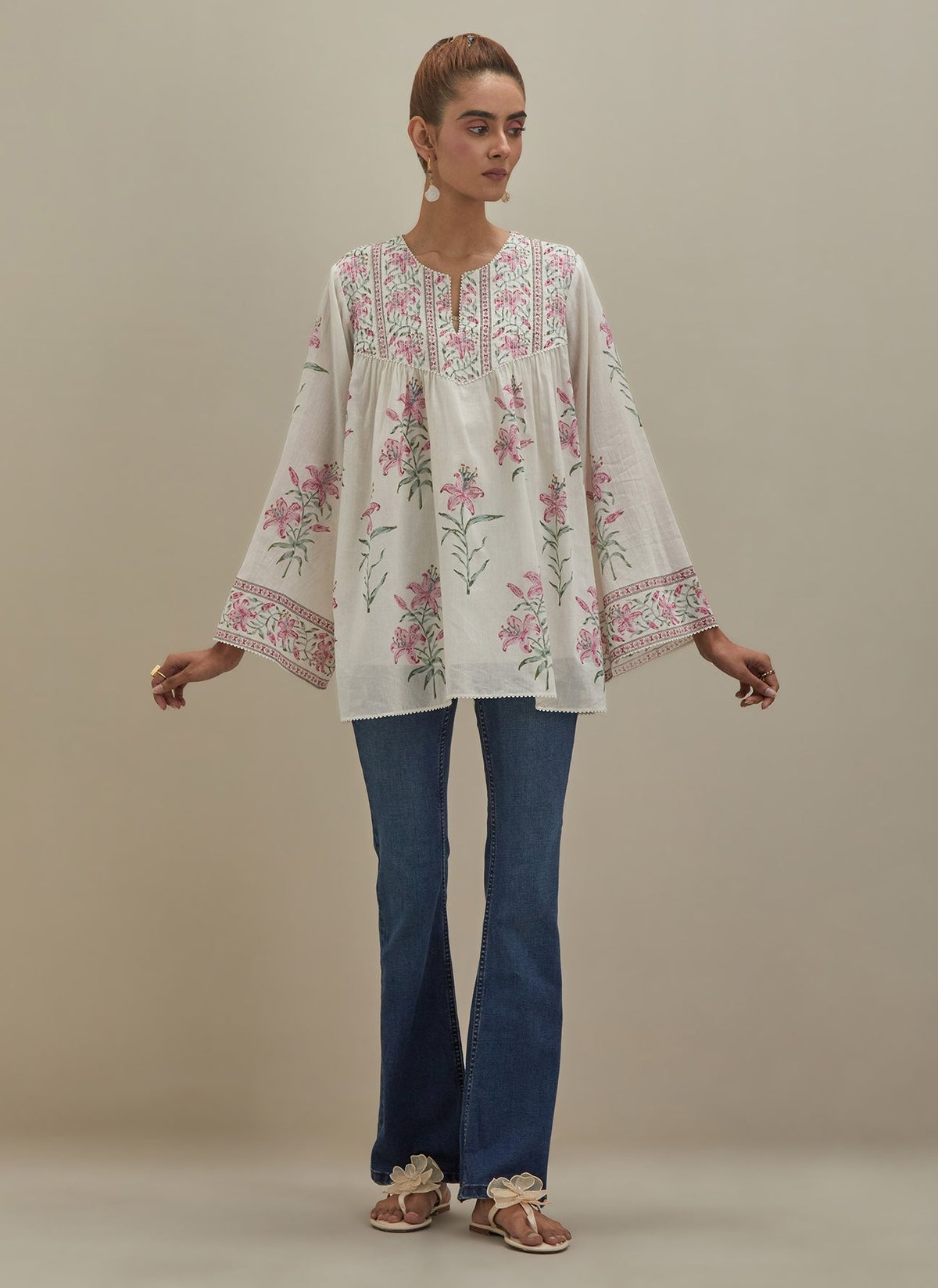 Off White Cotton Top Block Print