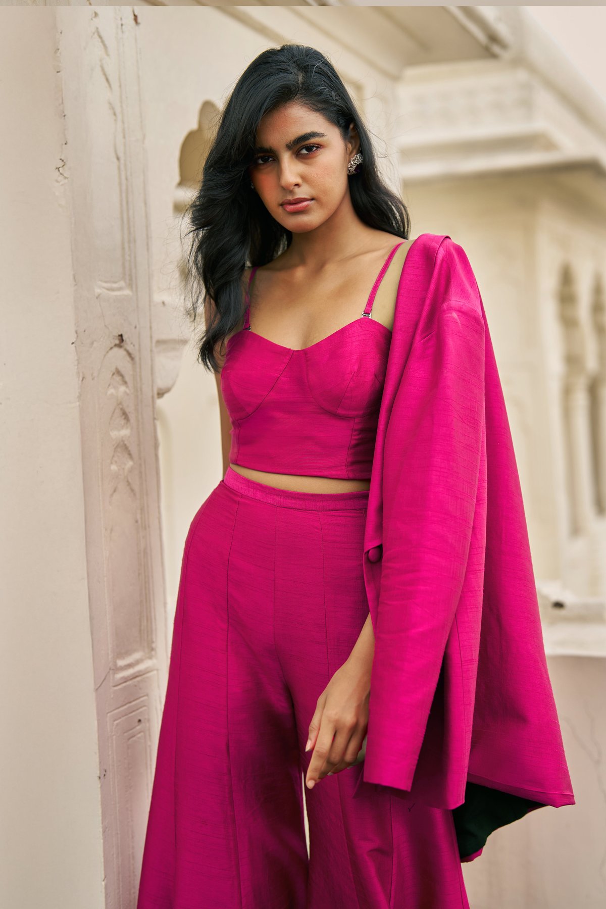 Fuchsia Pink Blazer, Bralette and Flared Pants Co-ord Set