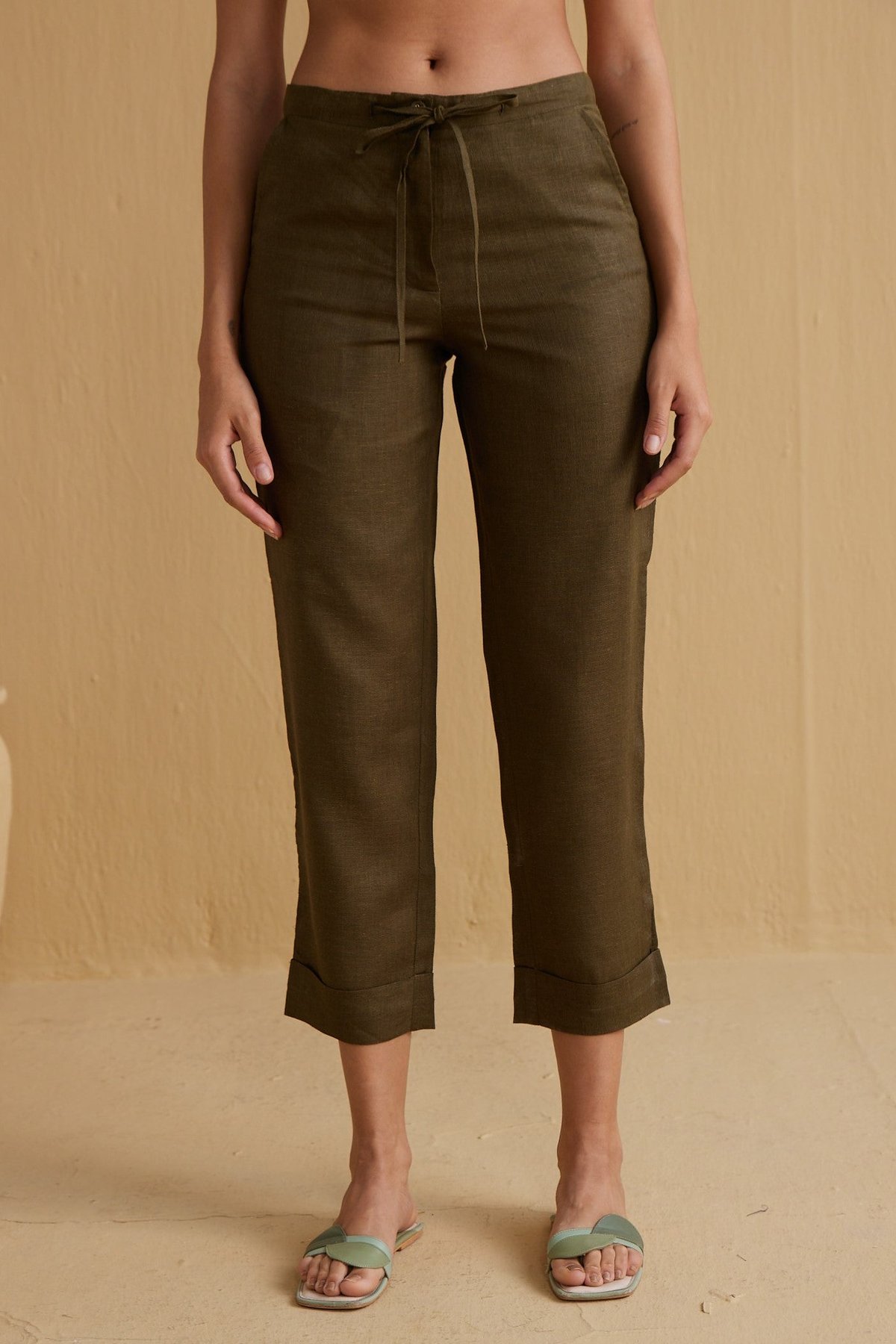 Dark Green Linen Straight-Leg Trousers with Waist Tie