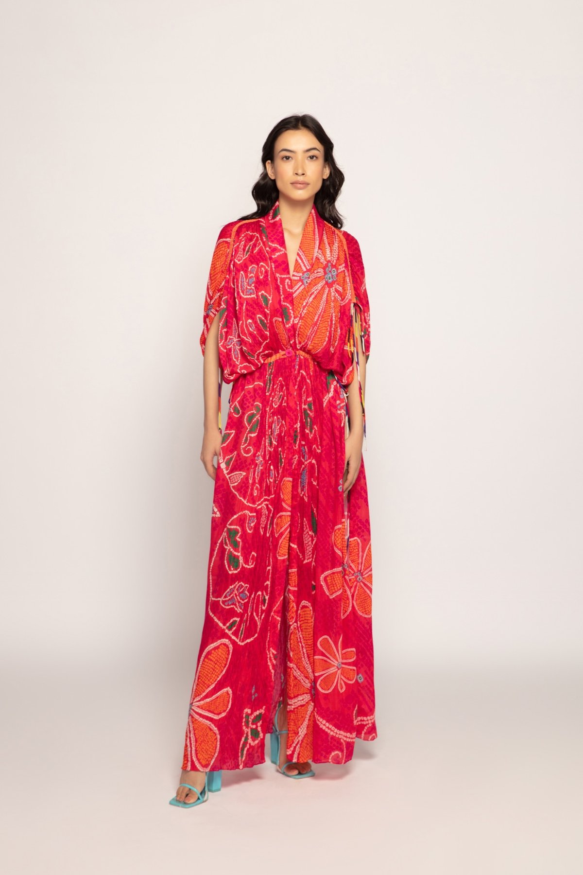 Pink Orange Bandhani Print Maxi Kaftan with Drawstring Waist