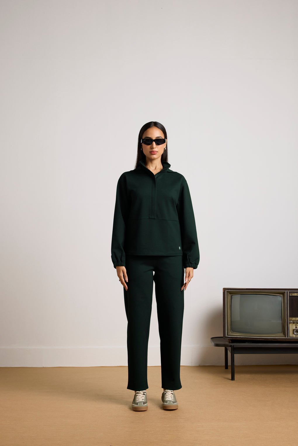 Deep Green Hooded High-Neck Half-Zip Sweatshirt Top