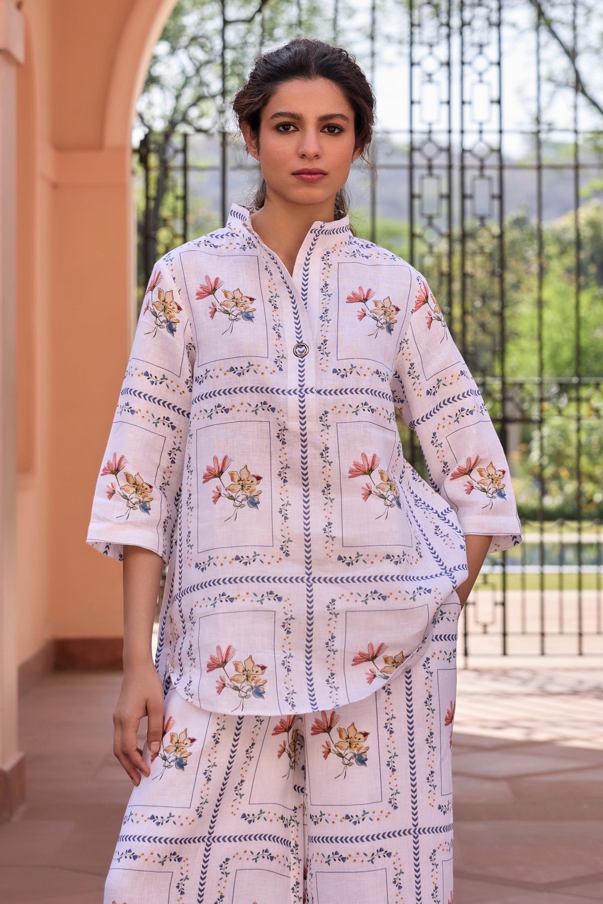 Off-White Linen Bouquet Print Tunic Kurta