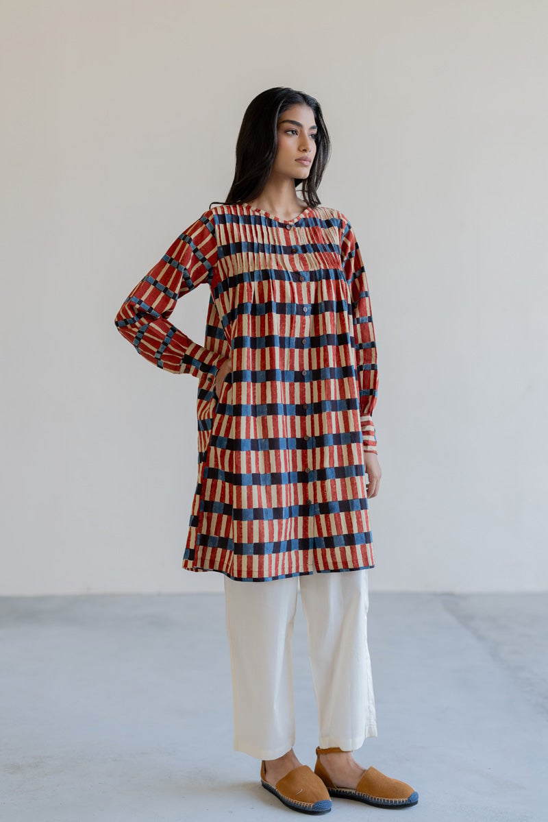 Multicolor Block Print Striped Pintuck Tunic Kurta