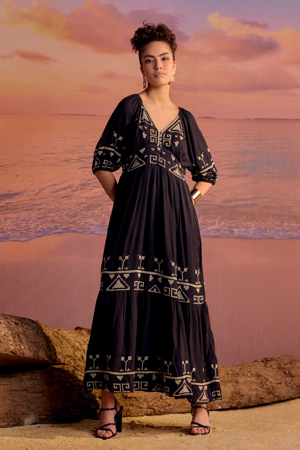 Black Cotton Linen Embroidered Tiered Maxi Dress