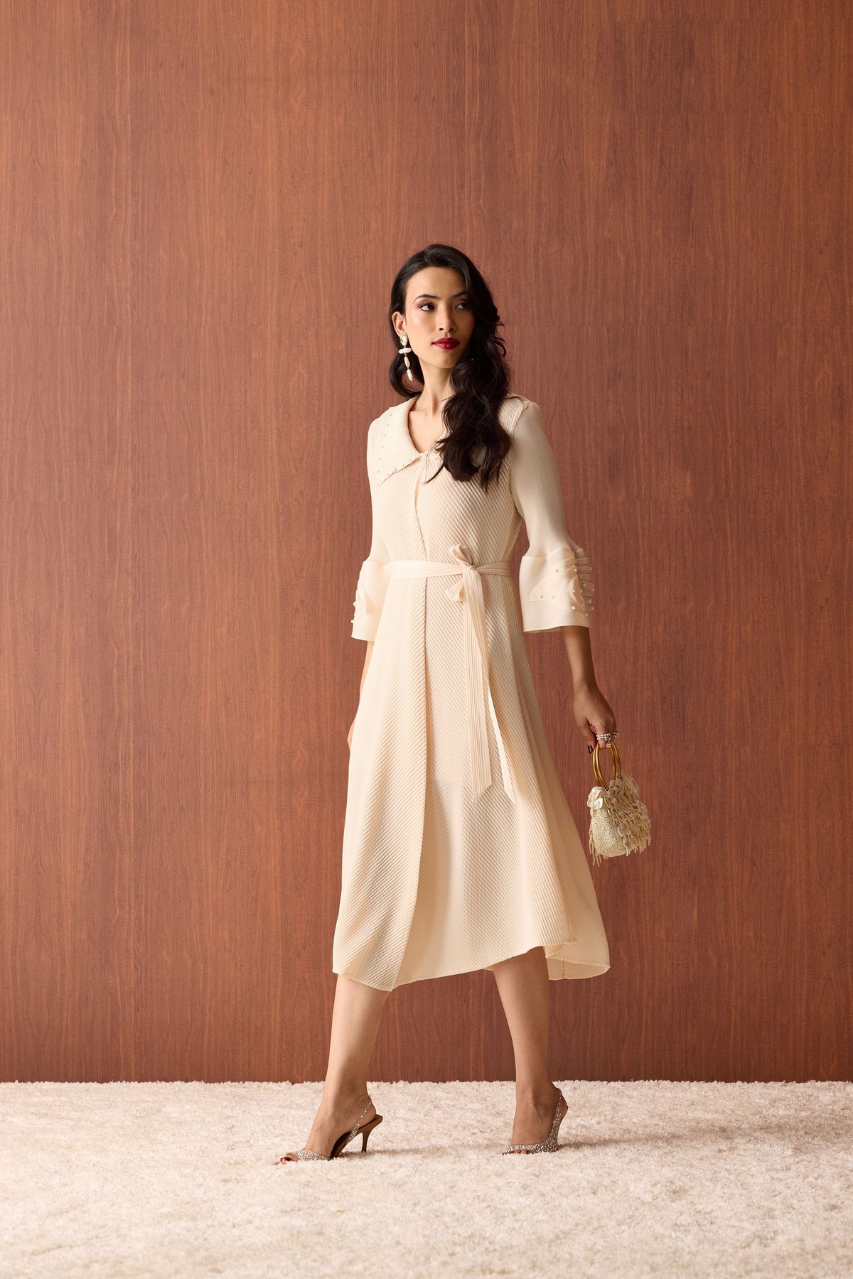 Apricot Cream Pleated A-Line Midi Dress With Pearl Collar