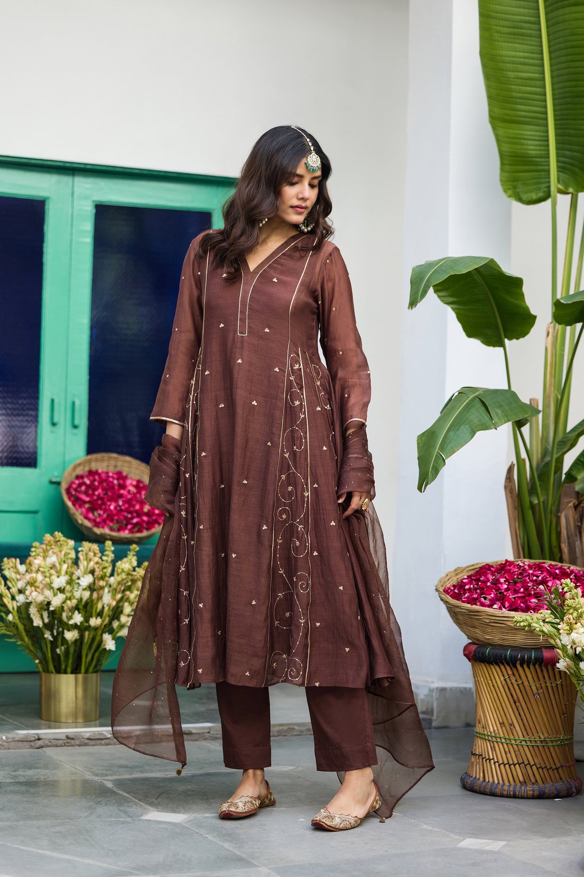 Coke Brown Silk Chanderi Embroidered Kurta Set