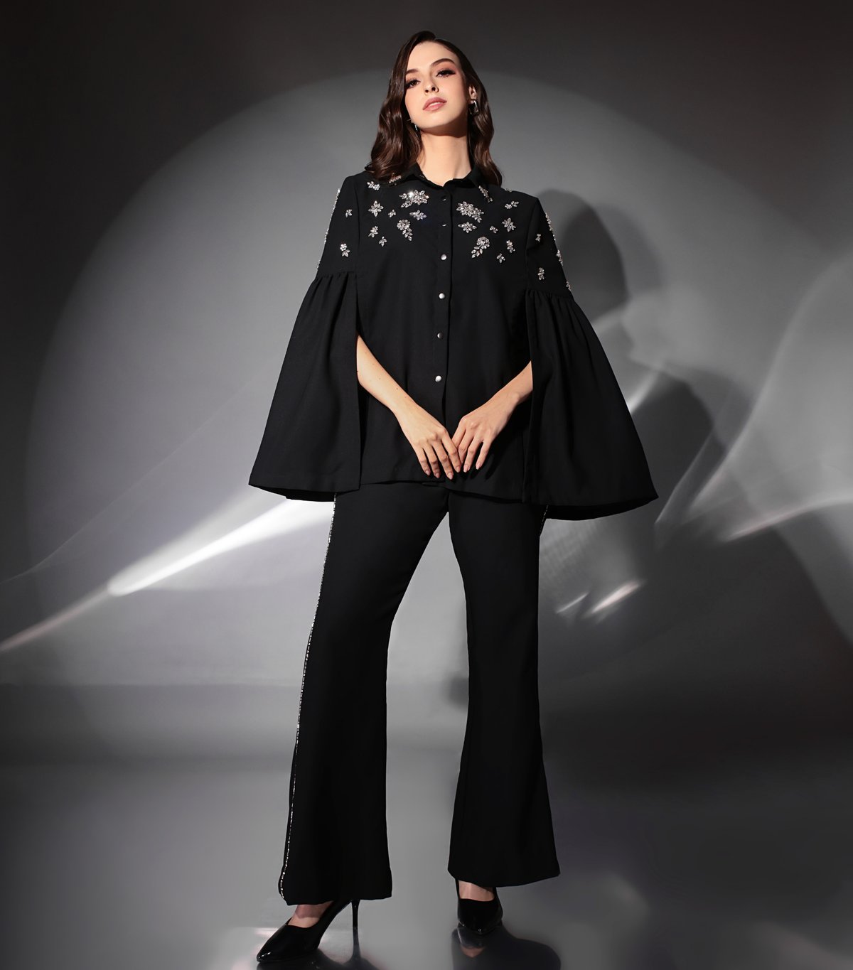 Black Crepe Cape Top and Straight-Leg Trouser Co-ord Set