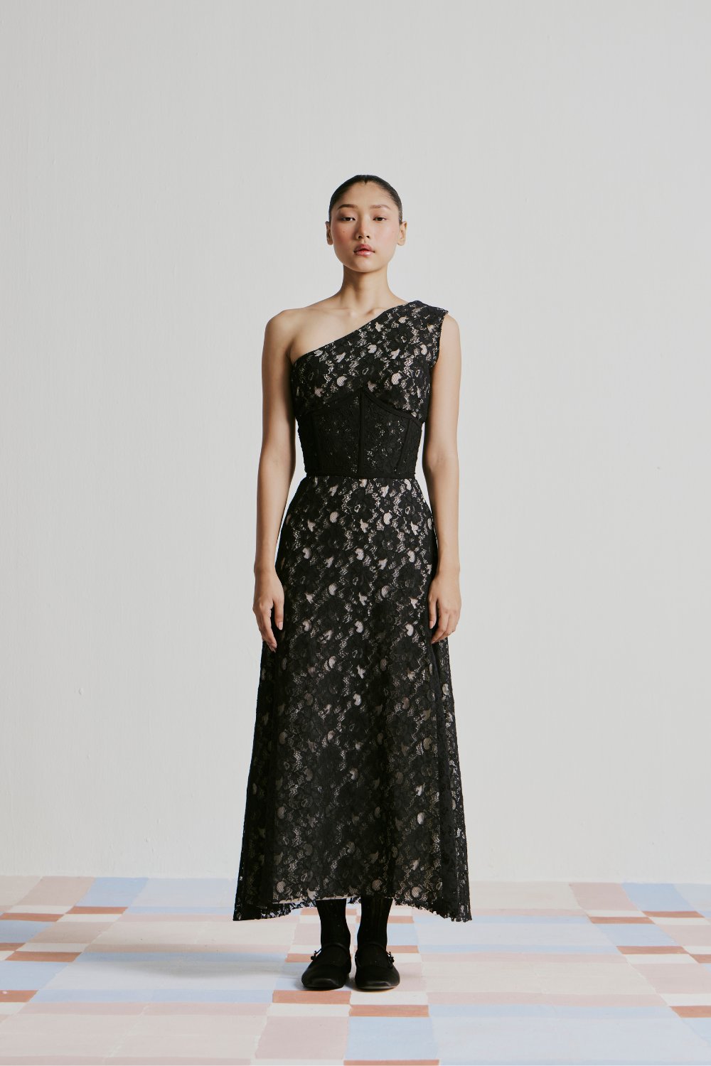 Black One-Shoulder Lace Maxi Dress with Corset Waist