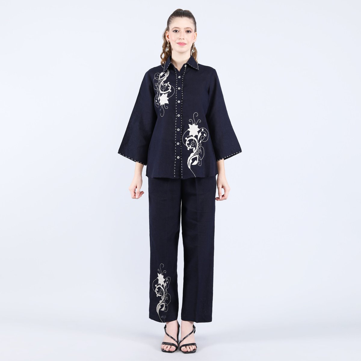 Navy Linen Shirt and Wide-Leg Pants Co-ord Set