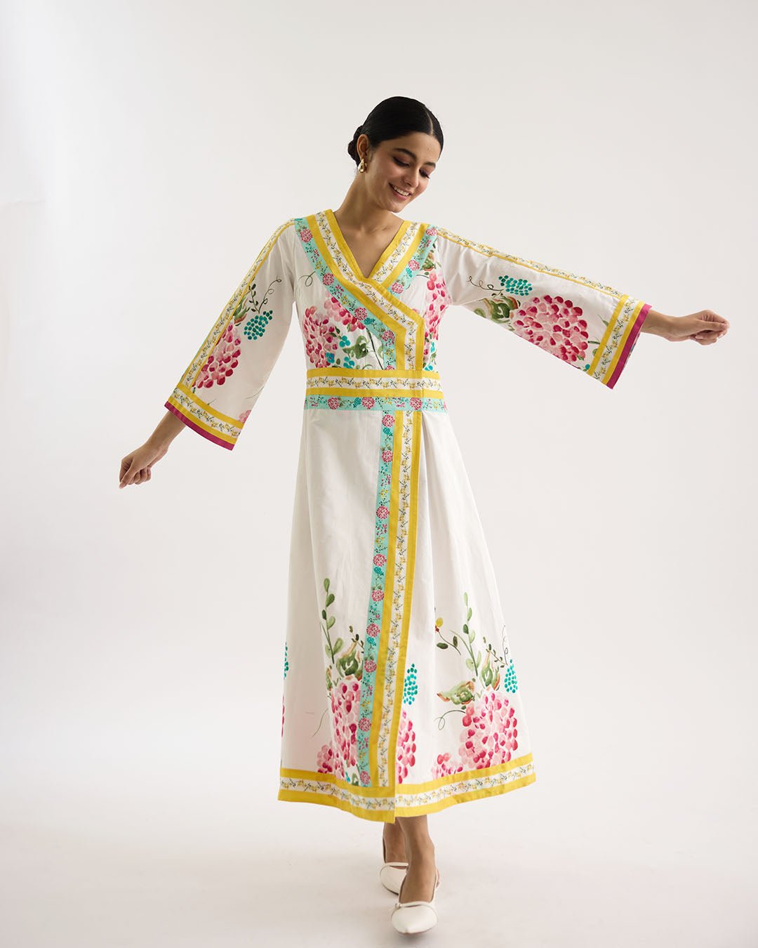 White Floral A-Line Midi Dress with V-Neck