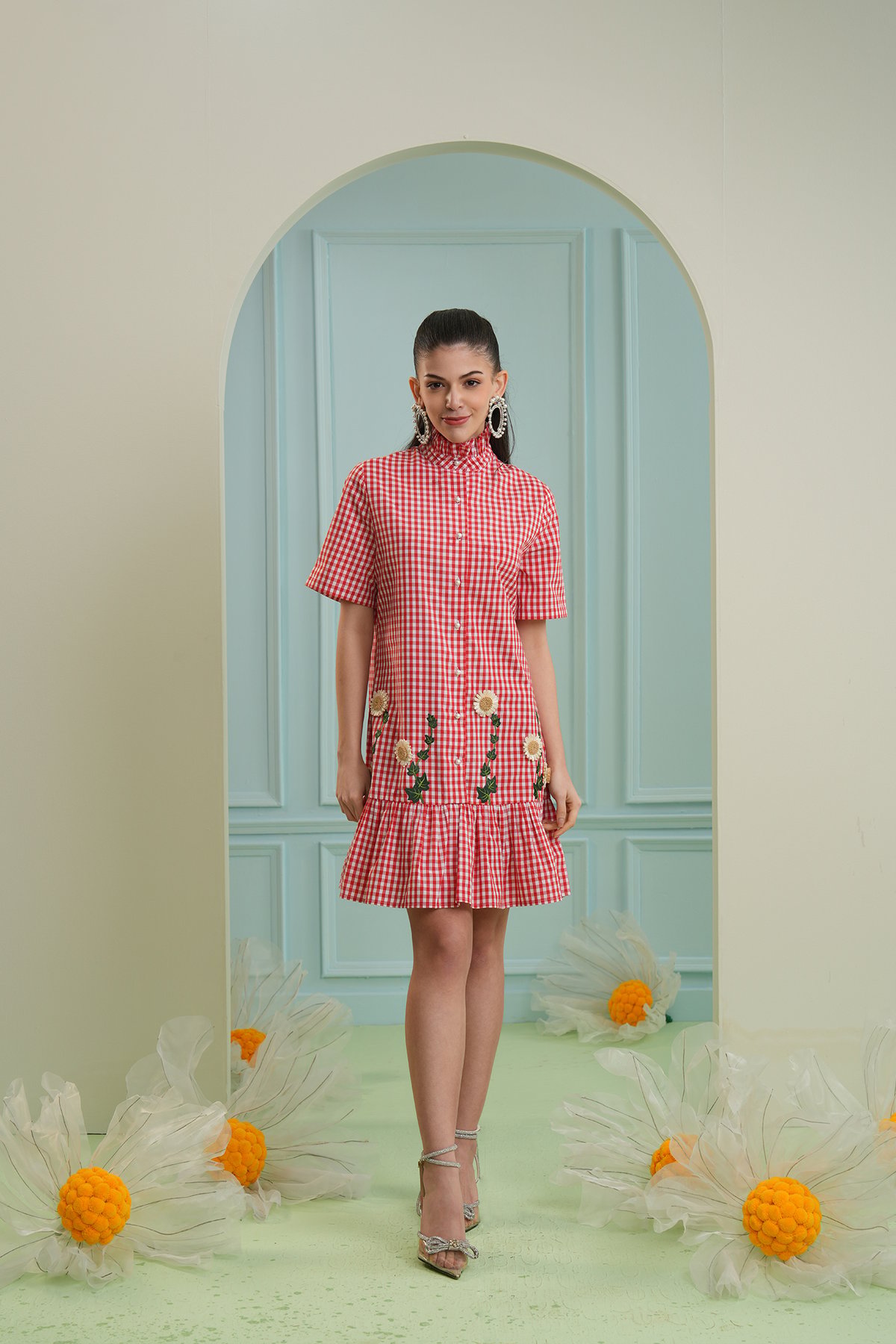 Red and White Gingham Mini Shirt Dress with Embroidery