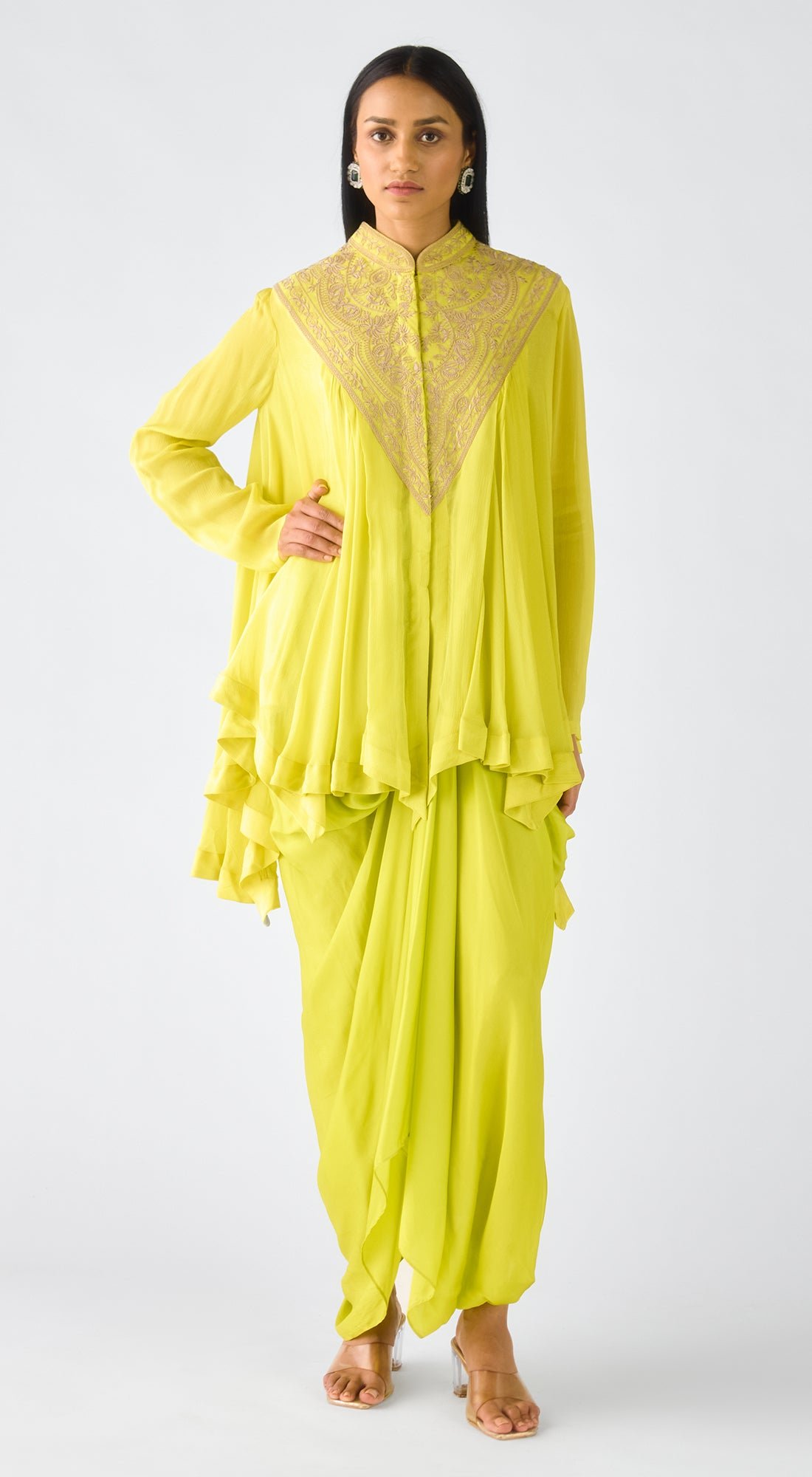 Lime Chiffon Embroidered Cape and Dhoti Co-ord Set