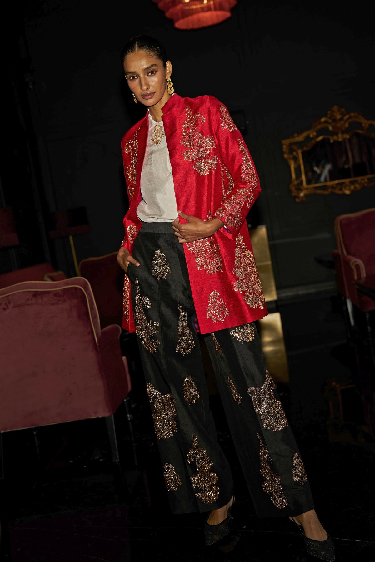 Embroidered Jacket, Shirt and Wide-Leg Pant Co-ord Set