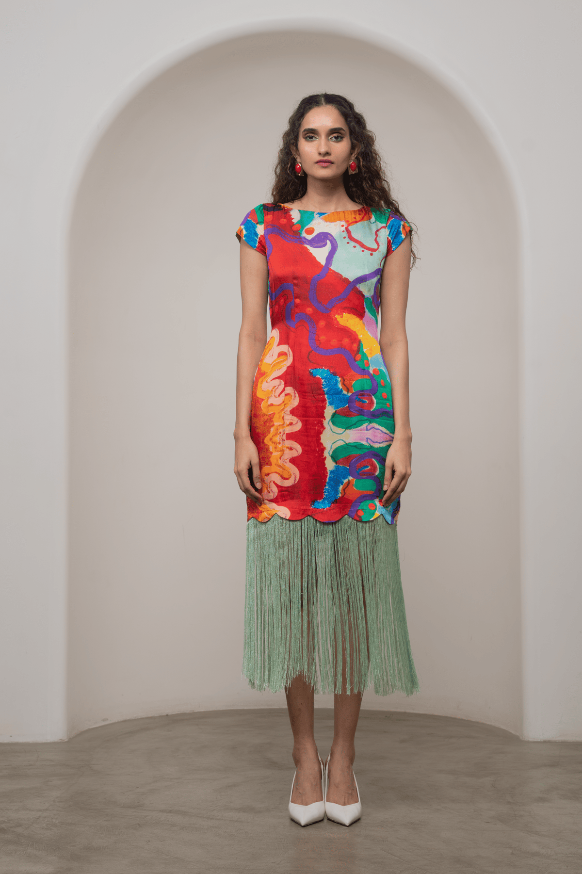 Multicolor Abstract Print Fringe Hem Midi Dress