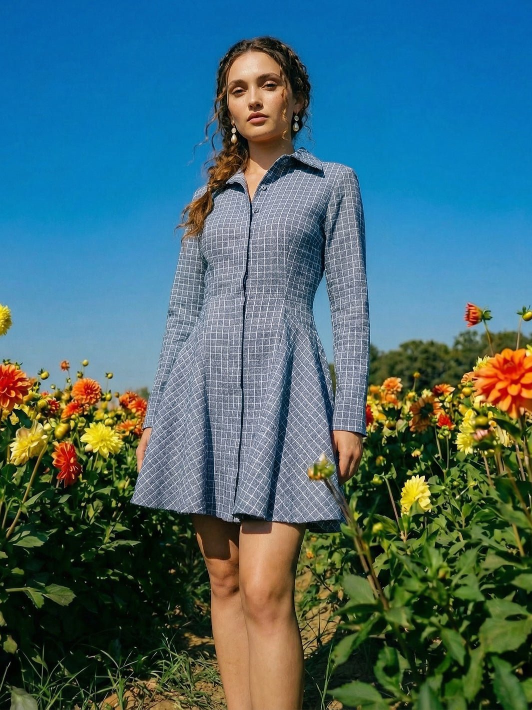 Cobalt Blue Windowpane Check Shirt Dress