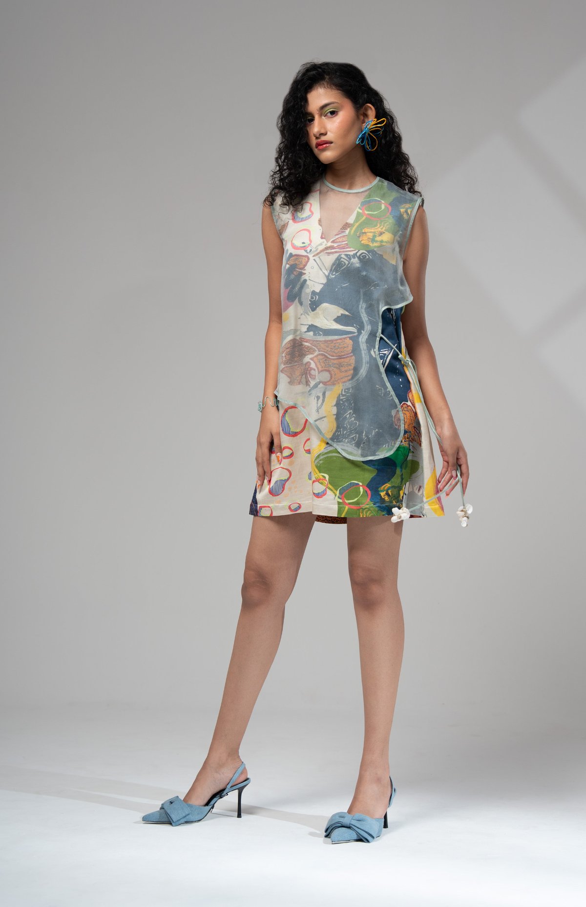 Multicolor Printed A-Line Mini Dress with Sheer Bib Overlay